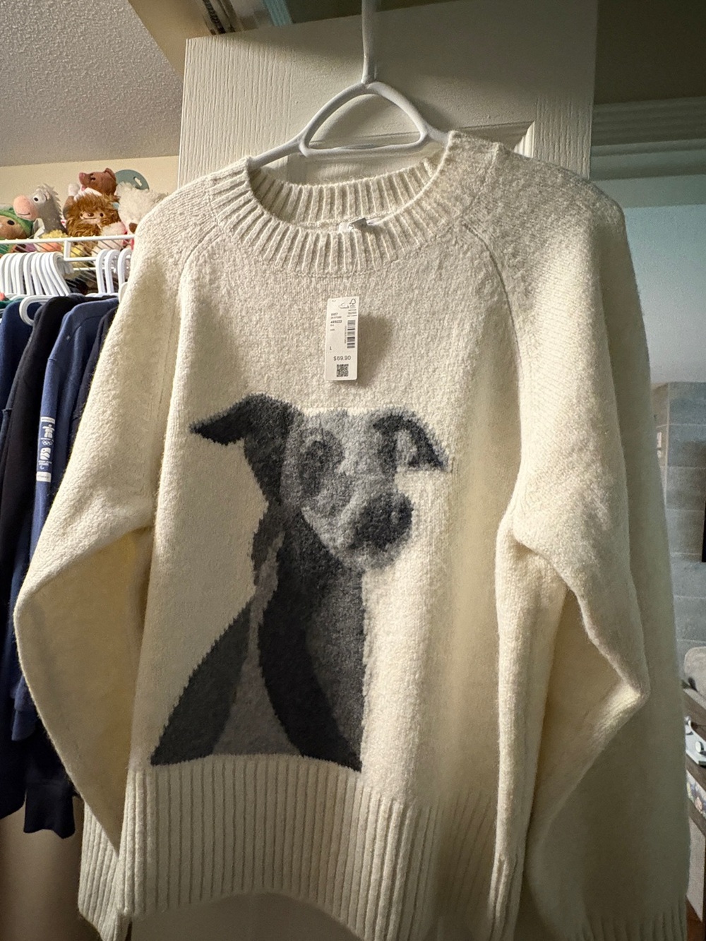 Cream Crewneck Sweater with Gray Dog Motif